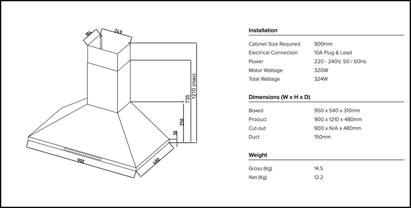 Technika Chem52Tlx 90Cm High Extraction Rangehood Canopy Rangehoods